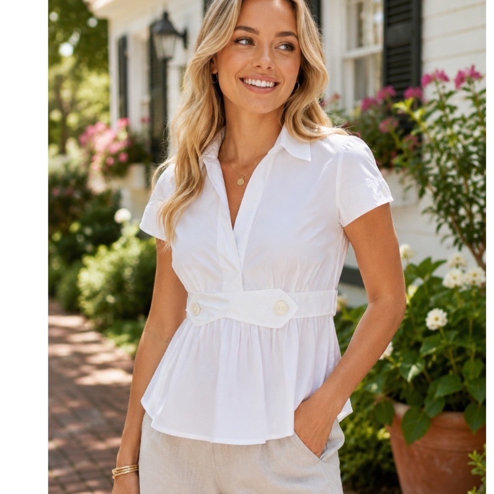 BCBGMAXAZRIA Womens White Short Sleeve Empire Waist Button Up Blouse Size S